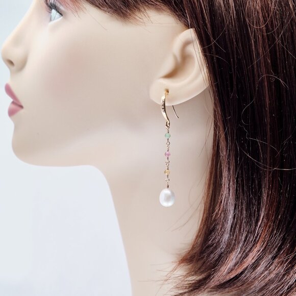 Pearl & Tourmaline Dangle Earrings, 14K Gold Filled Hammered French Hooks - Picture 6 of 9